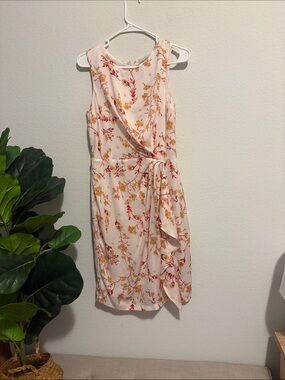 Sleeveless Pink Floral faux wrap twist dress Medium